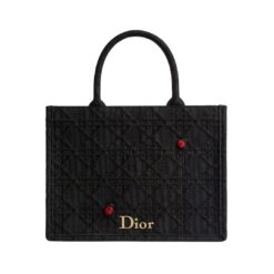 Book Tote Media Nera in Effetto Raffia